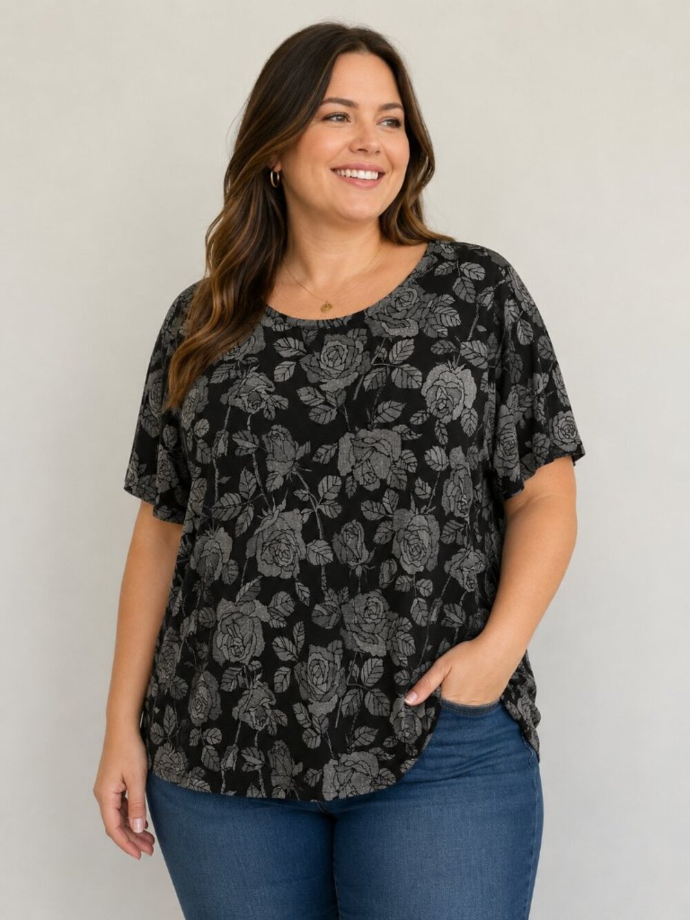 Jaclyn Smith Black and Gray Floral Short Sleeve Top